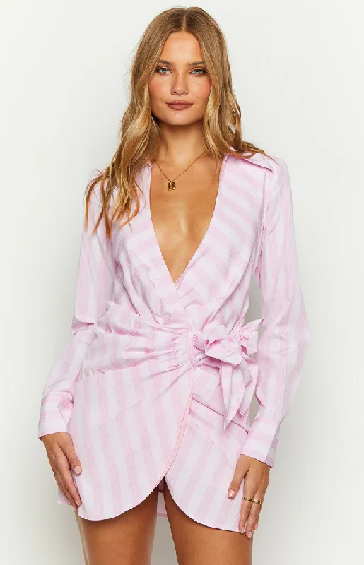 red mini dressesHolly Pink Stripe Tie Up Shirt Mini Dress