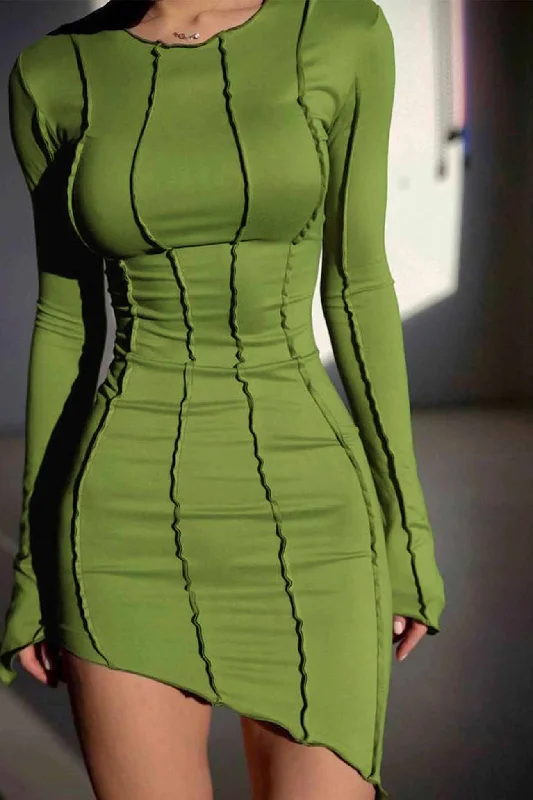 green mini dressesIrregular Shirred Long Sleeve Bodycon Mini Dress