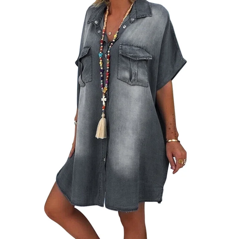 short sleeve mini dressesIrvine Cotton Pocketed Denim Babydoll Dress - Vintage Black