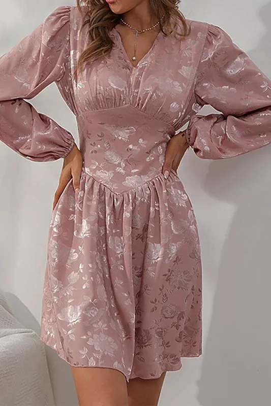 lightweight mini dressesJacquard Satin V Neck Buttons Long Sleeve Mini Dress