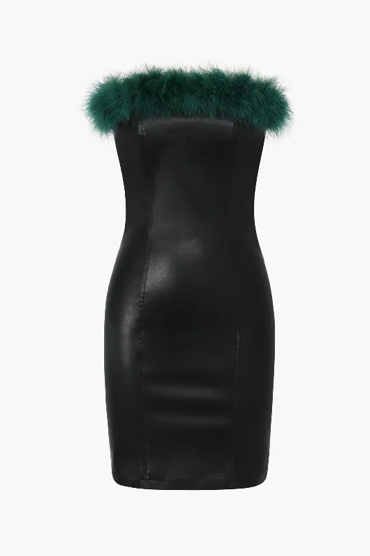 white mini dressesFeather Neckline Leather Mini Dress