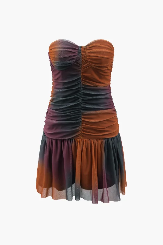 recycled material mini dressesTie Dye Mesh Ruched Strapless Mini Dress