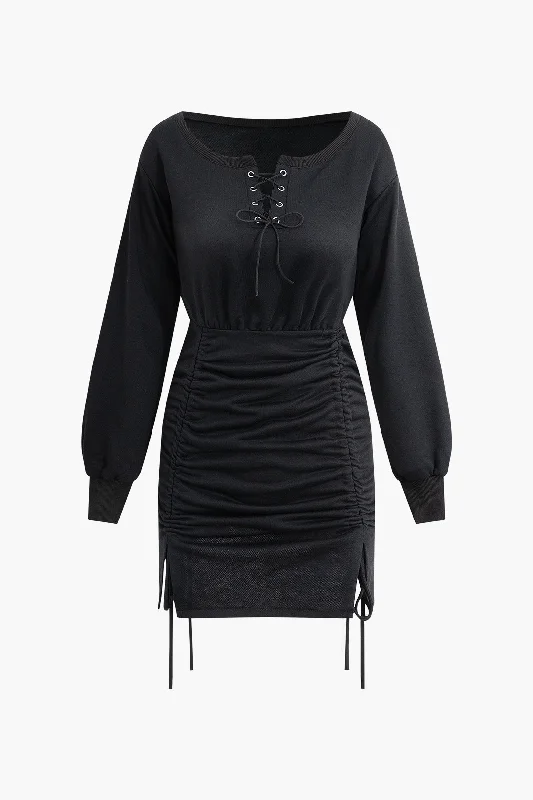 A line mini dressesEyelet Tie Ruched Drawstring Slit Mini Dress