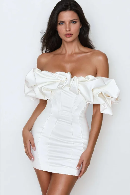 stripe mini dressesRuffle Neckline Off The Shoulder Mini Dress