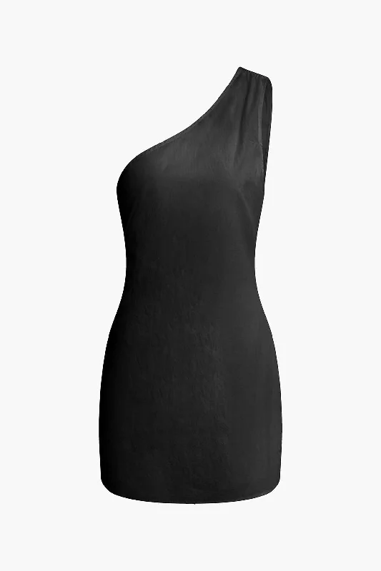 black mini dressesSolid Asymmetrical One Shoulder Mini Dress