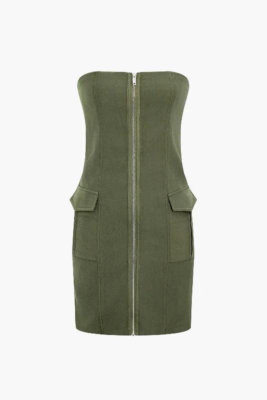 glitter mini dressesSolid Pocket Zipper Strapless Mini Dress