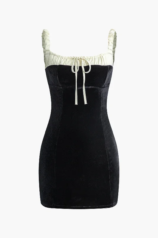 retro 90s mini dressesColor Block Ruched Drawstring Mini Dress