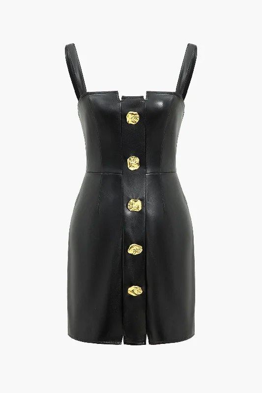 machine washable mini dressesSolid Faux Leather Button Mini Dress