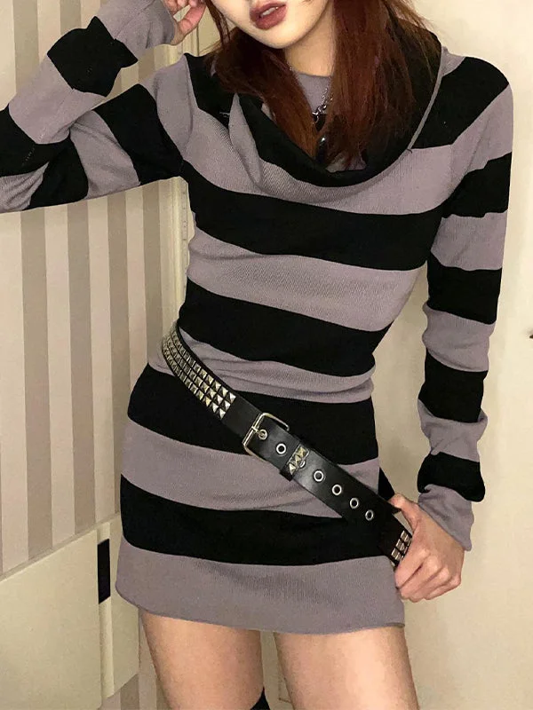 puff sleeve mini dressesOff Shoulder Long Sleeve Striped Knit Mini Dress