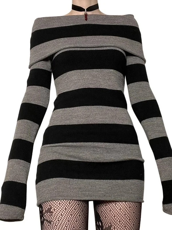 organic fabric mini dressesOff Shoulder Long Sleeve Striped Knit Mini Dress