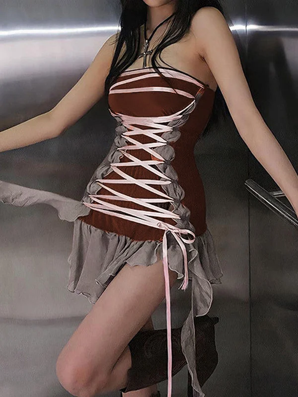 cottagecore mini dressesMesh Paneled Tie Strap Bandeau Mini Dress