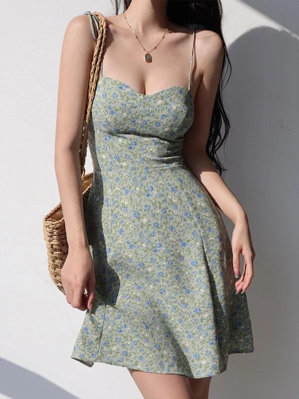 sustainable mini dressesLace Up Floral Green Mini Dress
