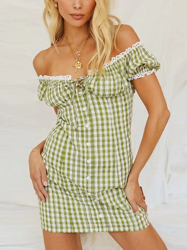 teenage mini dressesLace Trim Plaid Dress