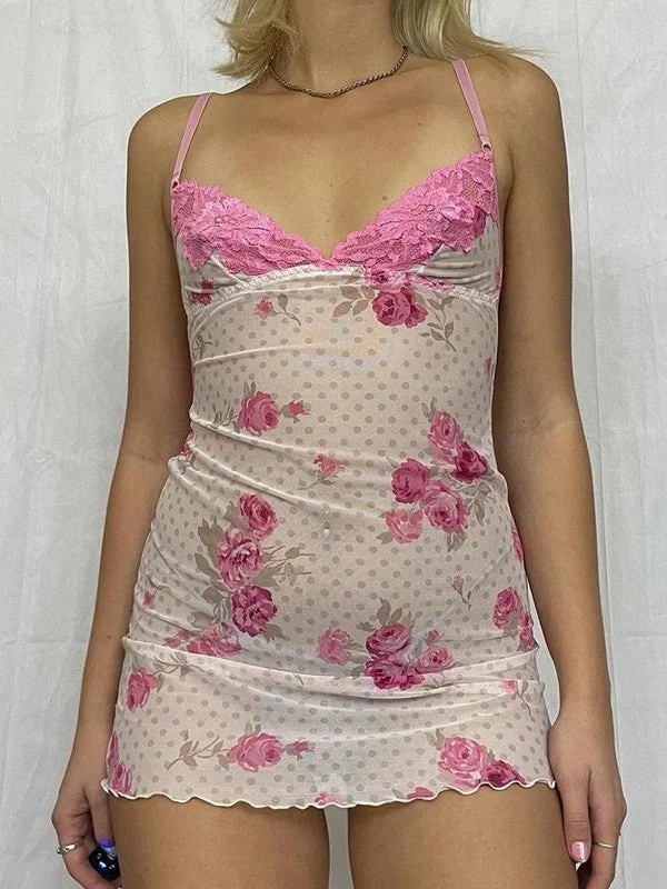 machine washable mini dressesLace Paneled Rose Print Mesh Mini Dress