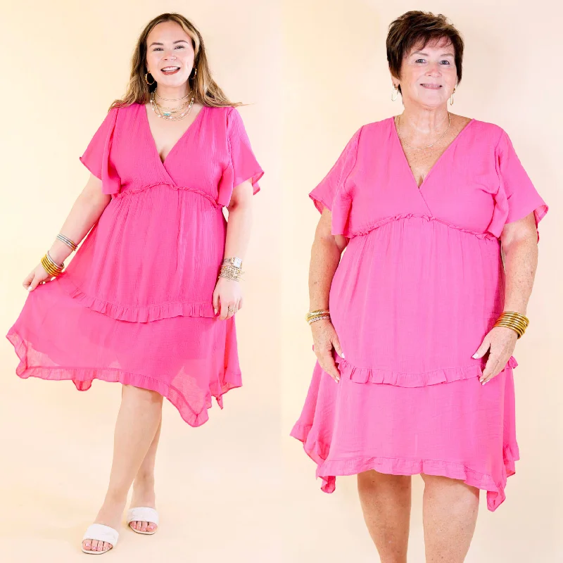 abstract print mini dressesMovie Moment Ruffle Detailed V Neck Dress in Pink