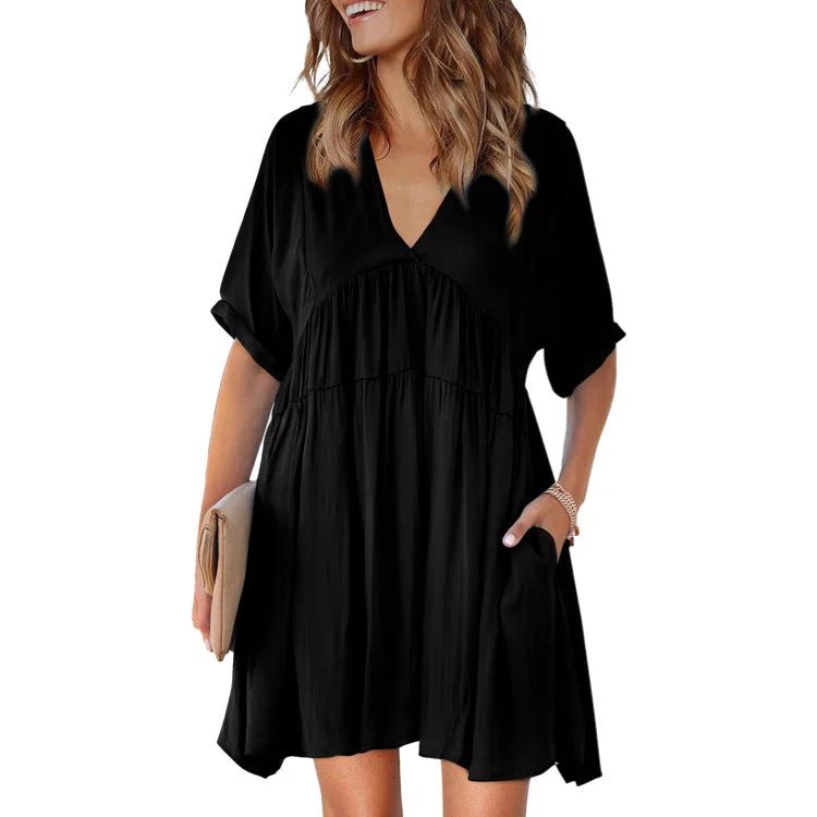 wedding guest mini dressesOatland Cotton Pocketed Babydoll Dress - Washed Black