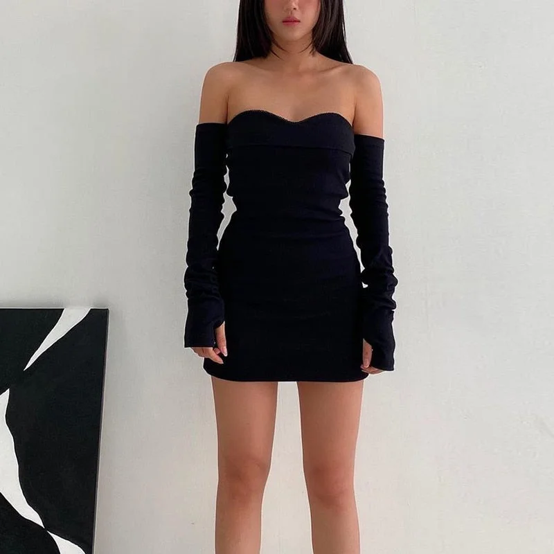 polyester mini dressesBerriesJam - Off Shoulder Long Sleeve Solid Casual Dress