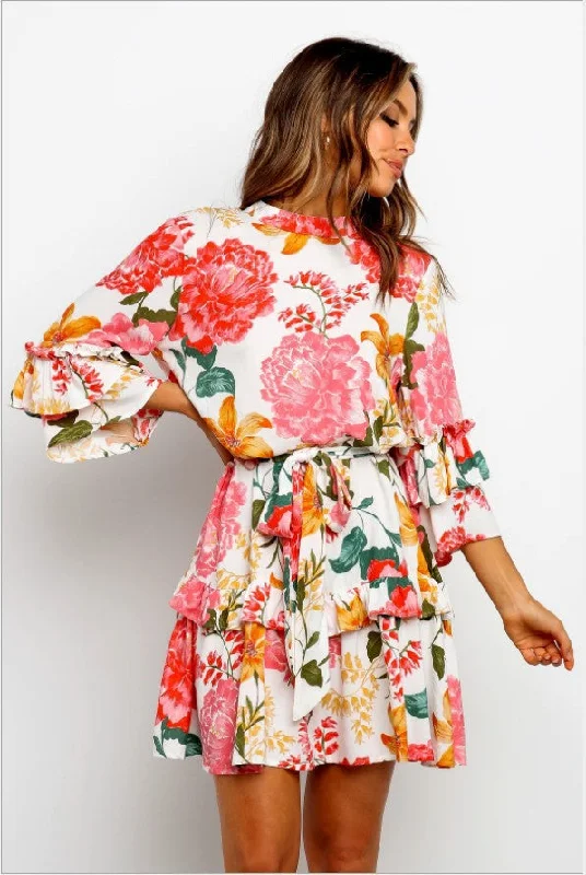 short sleeve mini dressesOnce And Floral Satin Rope Tie Ruffle Dress