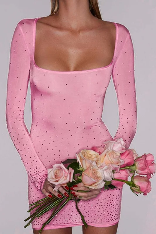 minimalist mini dressesPink Rhinestone U Neck Mini dress