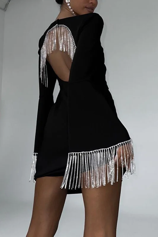 strapless mini dressesRhinestone Fringe Backless Mini Dress