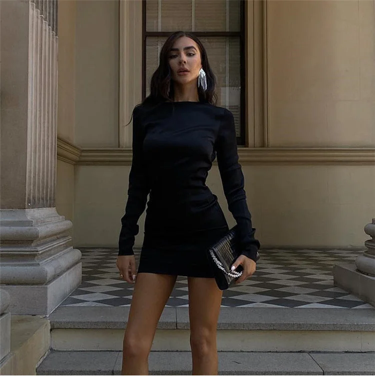 ruched mini dressesBerriesJam - 2024Round Neck Long Sleeve Bodycon Party Dress