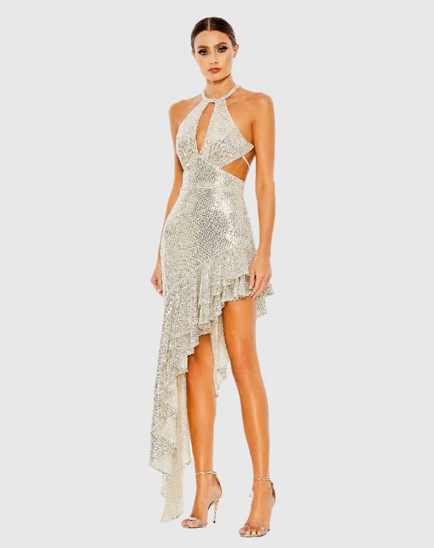 bridesmaid mini dressesSequined Halter Cut Out Ruffle Asymmetrical Dress