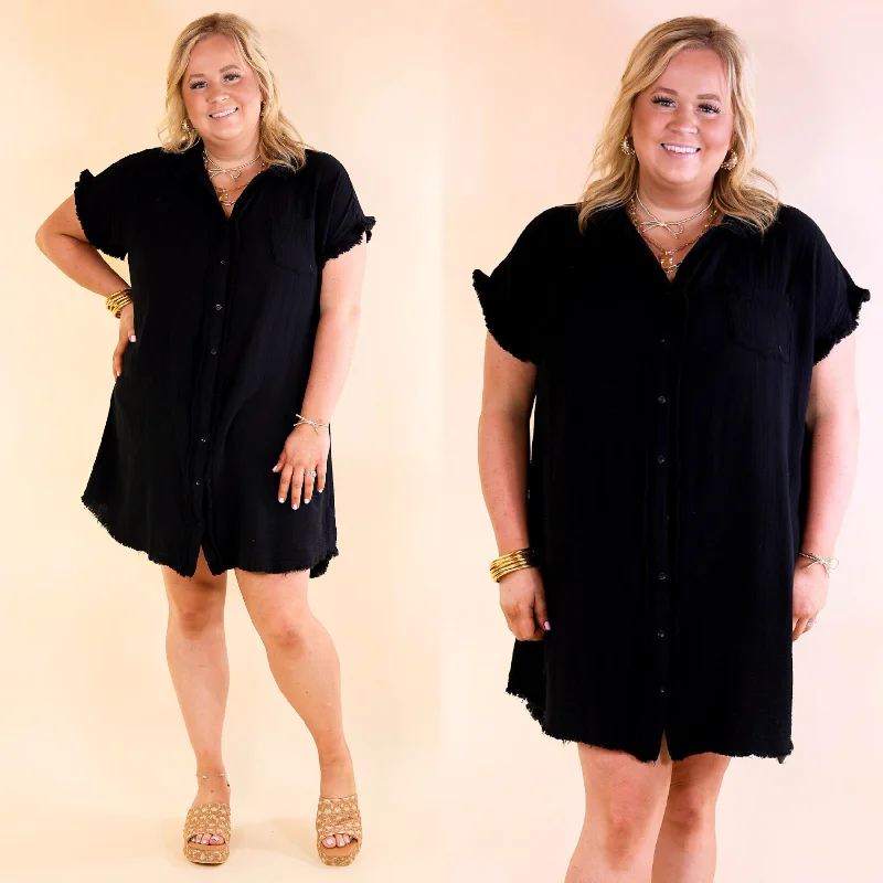 patriotic mini dressesSpring Glow Button Up Raw Hem Dress in Black