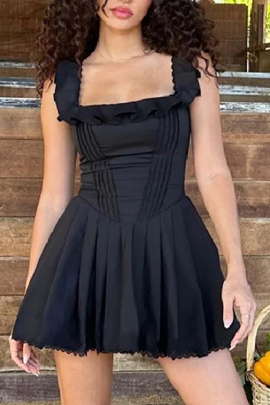 retro 80s mini dressesSquare Neck Pleated Lace Mini Dress
