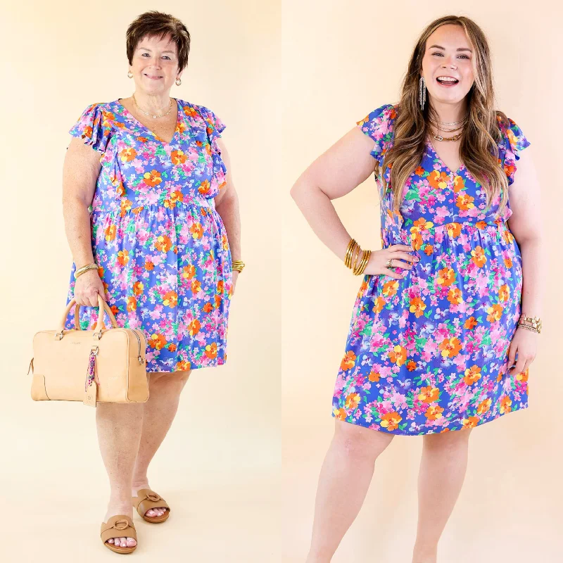 high low hem mini dressesSunshine On My Mind Floral Ruffle Cap Sleeve Dress in Blue
