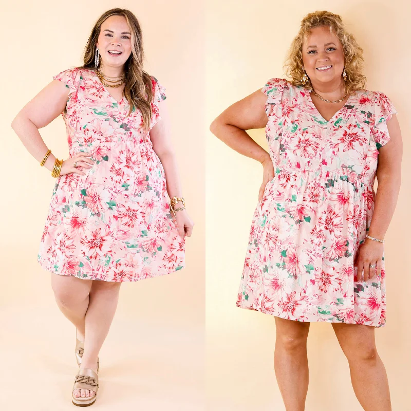 easy care mini dressesSunshine On My Mind Floral Ruffle Cap Sleeve Dress in Pink