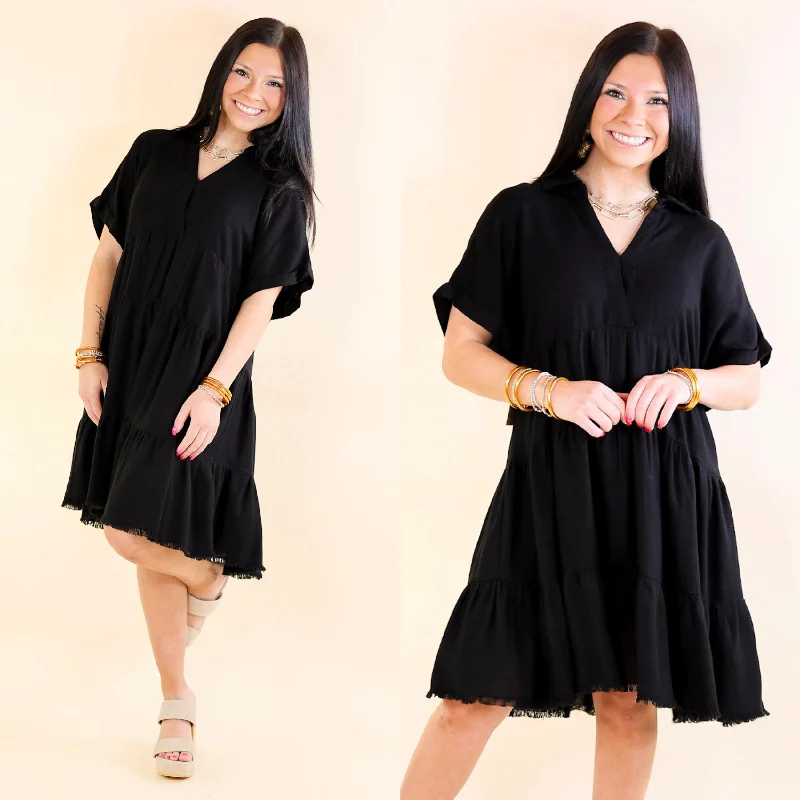 layered mini dressesLast Chance Size Small & Medium | Taos Transitions Ruffle Tiered Collared Dress with Frayed Hem in Black