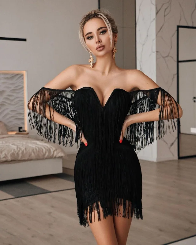 peasant style mini dressesBerriesJam - 2024 Tassel Bandage V Neck Off Shoulder Bodycon