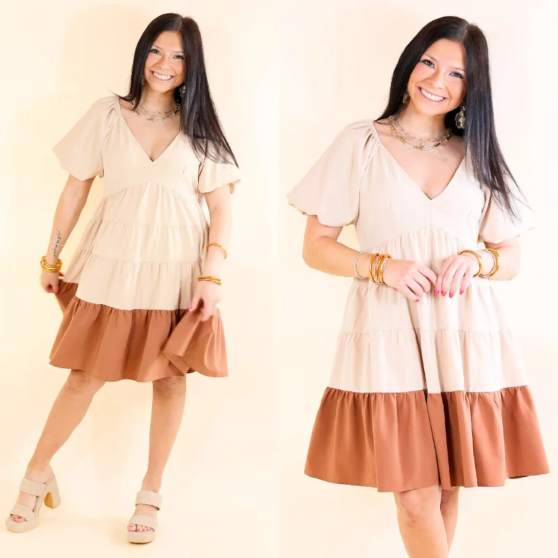 plus size mini dressesTrendy City Puff Sleeve Tiered Dress with Clay Brown Hemline in Beige plus size mini dressesTrendy City Puff Sleeve Tiered Dress with Clay Brown Hemline in Beige