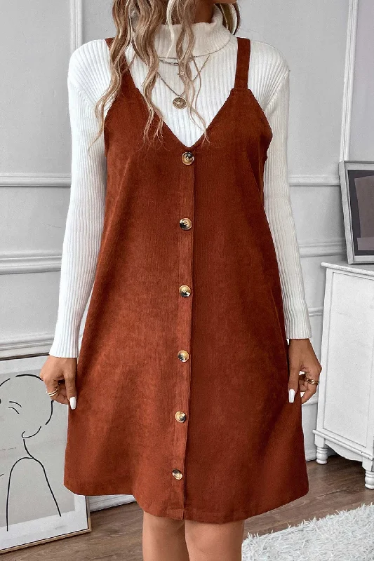 plus size mini dressesV Neck Single-breasted Corduroy Cami Dress